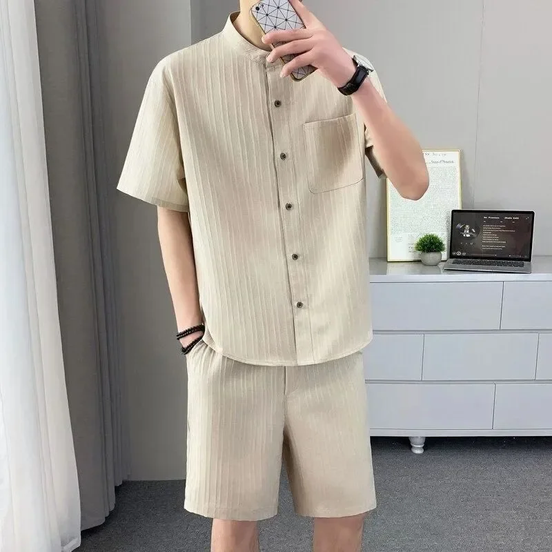 Summer Men's Shirt Set Stripe Minimalist Casual Cardigan Pocket Short Sleeved Shirt + Shorts Beach Classic Hawaii Short Sets 5xl