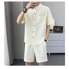 Summer Men's Shirt Set Stripe Minimalist Casual Cardigan Pocket Short Sleeved Shirt + Shorts Beach Classic Hawaii Short Sets 5xl