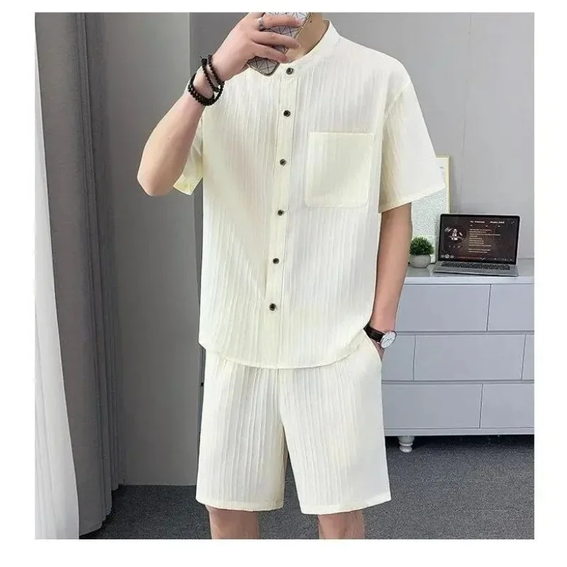 Summer Men's Shirt Set Stripe Minimalist Casual Cardigan Pocket Short Sleeved Shirt + Shorts Beach Classic Hawaii Short Sets 5xl