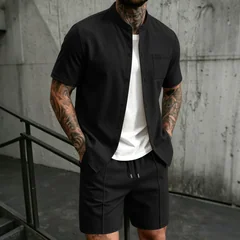 Men's New Summer Style Waffle Plain-Color Crew-Neck T-Shirt with Pocket Short-Sleeved Set with Beach Shorts Men's Casual Suit