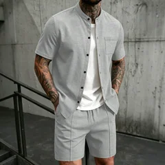 Men's New Summer Style Waffle Plain-Color Crew-Neck T-Shirt with Pocket Short-Sleeved Set with Beach Shorts Men's Casual Suit
