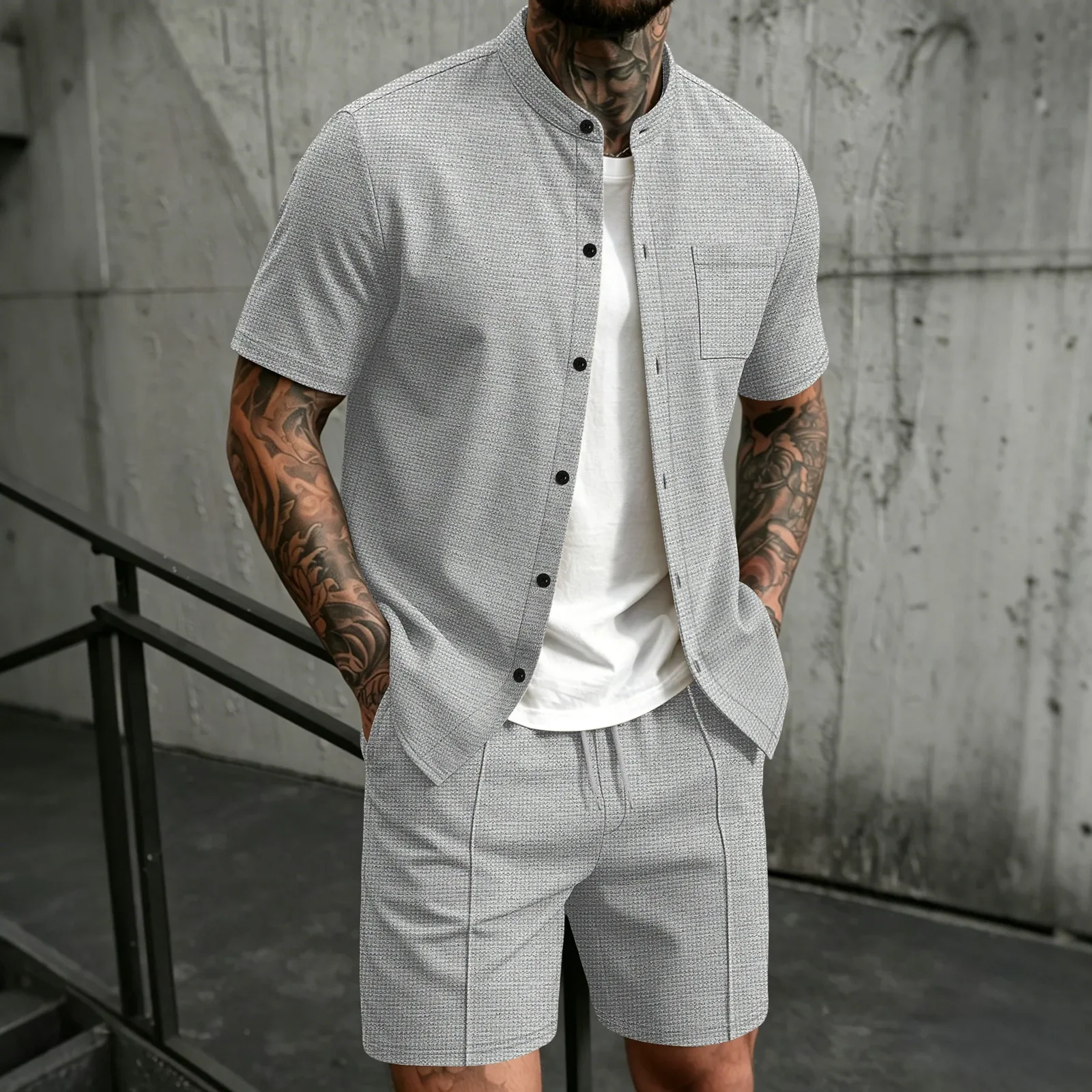 Men's New Summer Style Waffle Plain-Color Crew-Neck T-Shirt with Pocket Short-Sleeved Set with Beach Shorts Men's Casual Suit