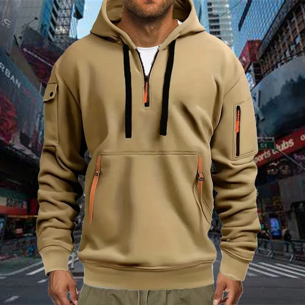 Men's Casual Sports Hoodie Spring Autumn Fashion Solid Color Long-Sleeved Pullover with Arm Pocket And Pull Rope Plus Size