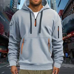 Men's Casual Sports Hoodie Spring Autumn Fashion Solid Color Long-Sleeved Pullover with Arm Pocket And Pull Rope Plus Size