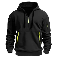 Men's Casual Sports Hoodie Spring Autumn Fashion Solid Color Long-Sleeved Pullover with Arm Pocket And Pull Rope Plus Size