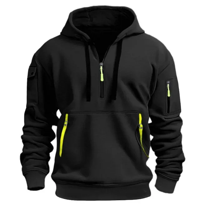 Men's Casual Sports Hoodie Spring Autumn Fashion Solid Color Long-Sleeved Pullover with Arm Pocket And Pull Rope Plus Size
