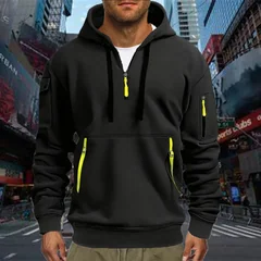Men's Casual Sports Hoodie Spring Autumn Fashion Solid Color Long-Sleeved Pullover with Arm Pocket And Pull Rope Plus Size