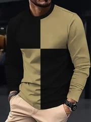 Autumn men's long sleeved T-shirt Black and white spliced T-shirt Cotton Comfortable Round Neck T-shirt Versatile men's clothing