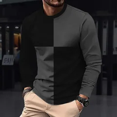 Autumn men's long sleeved T-shirt Black and white spliced T-shirt Cotton Comfortable Round Neck T-shirt Versatile men's clothing