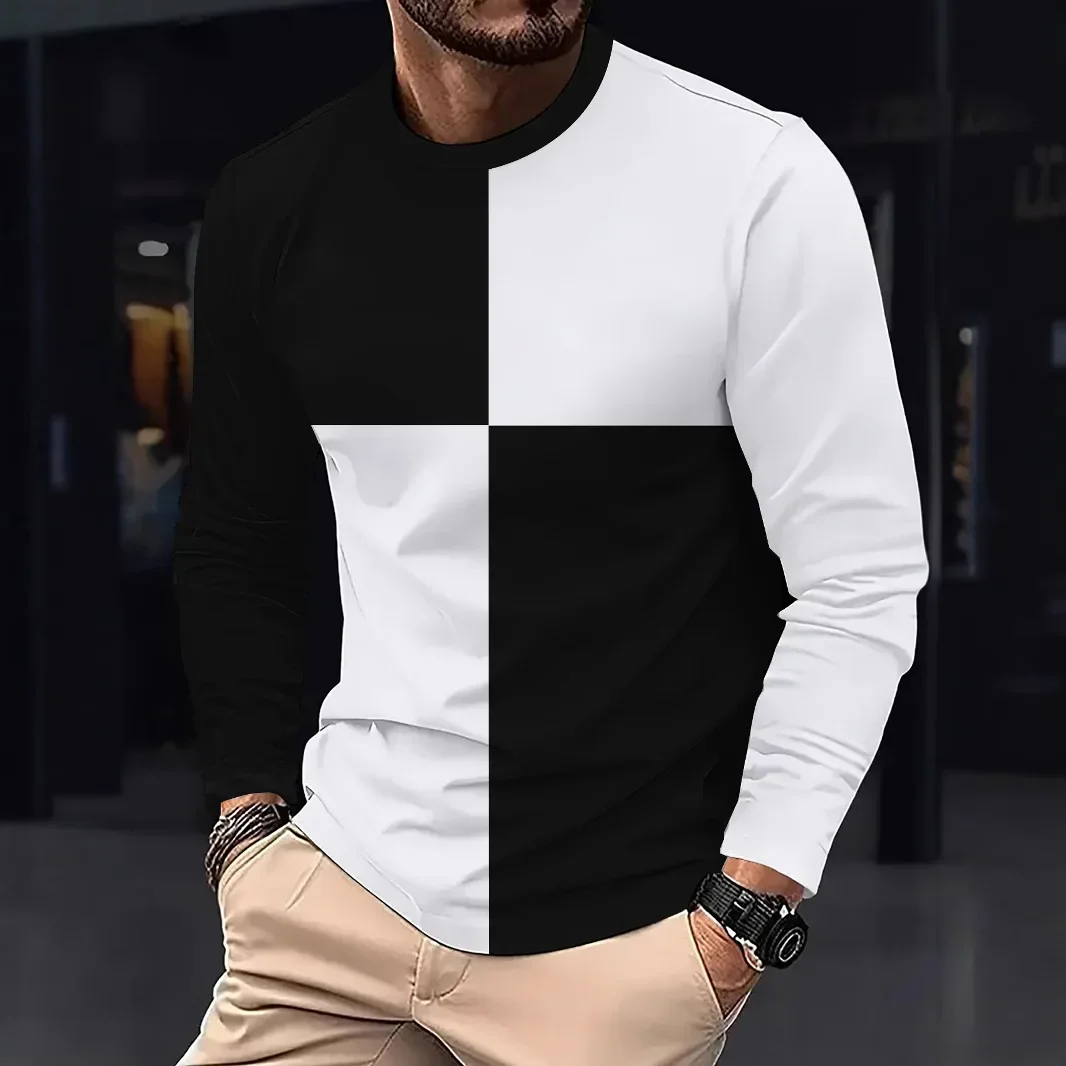 Autumn men's long sleeved T-shirt Black and white spliced T-shirt Cotton Comfortable Round Neck T-shirt Versatile men's clothing
