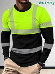 Y2K Men Neon Green Black Color Block 3D Printed Long Sleeve Shirt Relaxing Breathable Quick-dry Outdoor Sports Apparel Top Work