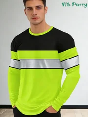 Y2K Men Neon Green Black Color Block 3D Printed Long Sleeve Shirt Relaxing Breathable Quick-dry Outdoor Sports Apparel Top Work