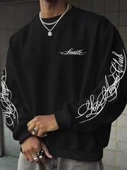 Men's Street-Style Cool Fashion Crewneck Sweatshirt with Smooth Handwritten Font Print, for Daily Casual Trendy Wear