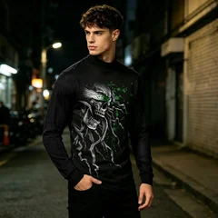 Dark Fantasy Skeleton Men Shirt Mock Neck Abstract Smoke Graphic Tops Cyber Goth Contrast Color Casual Long Sleeve Base LayerTee