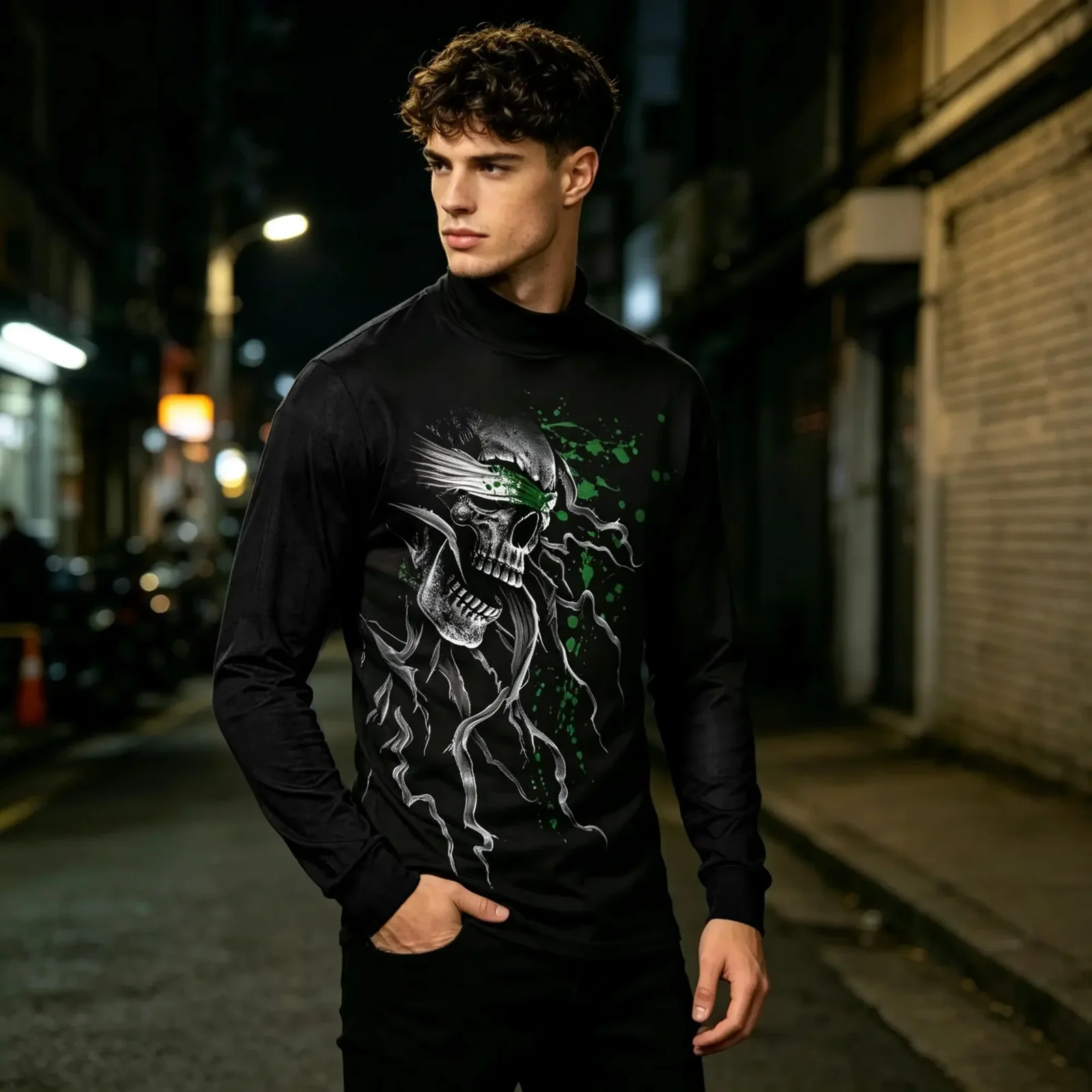 Dark Fantasy Skeleton Men Shirt Mock Neck Abstract Smoke Graphic Tops Cyber Goth Contrast Color Casual Long Sleeve Base LayerTee