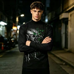 Dark Fantasy Skeleton Men Shirt Mock Neck Abstract Smoke Graphic Tops Cyber Goth Contrast Color Casual Long Sleeve Base LayerTee
