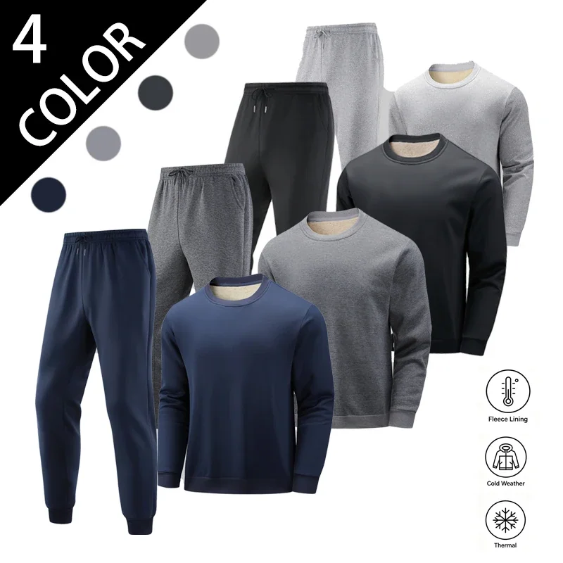 Men's Casual Tracksuit Long Sleeve Crewneck Sweatshirt and Jogger Pants Set Warm Fleece Lined Athletic Wear for Men