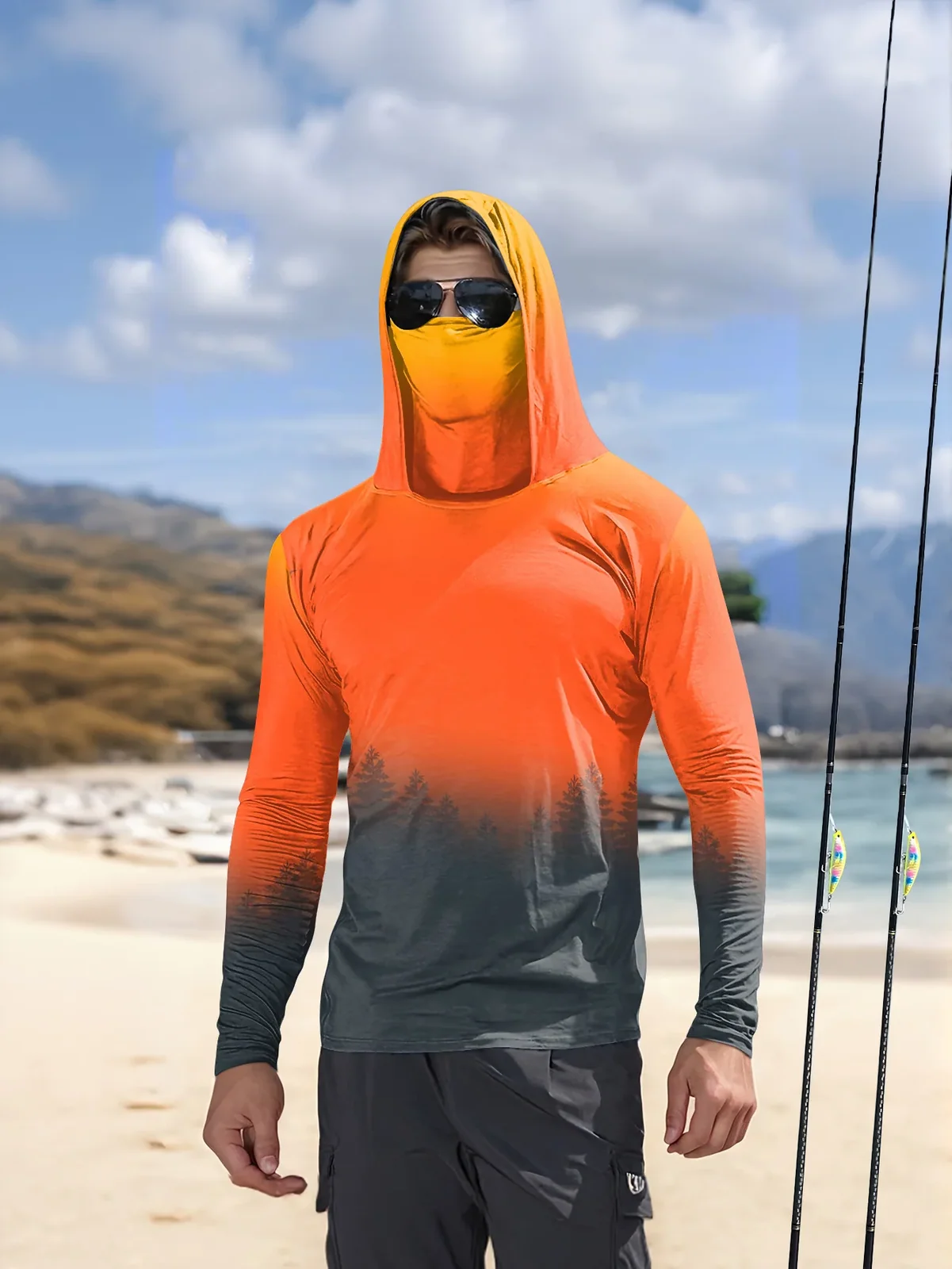 Men's Gradient Forest Printed Sunscreen Fishing Hoodie with Face Mask Quick Drying Long Sleeve Top Beach Rowing Outdoor Fishing