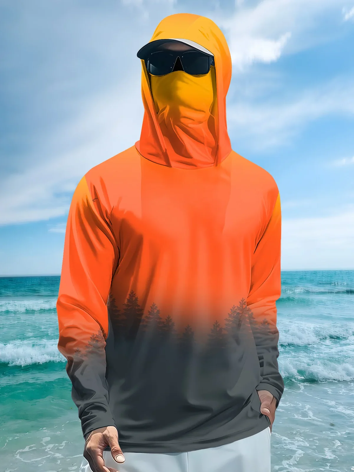 Men's Gradient Forest Printed Sunscreen Fishing Hoodie with Face Mask Quick Drying Long Sleeve Top Beach Rowing Outdoor Fishing