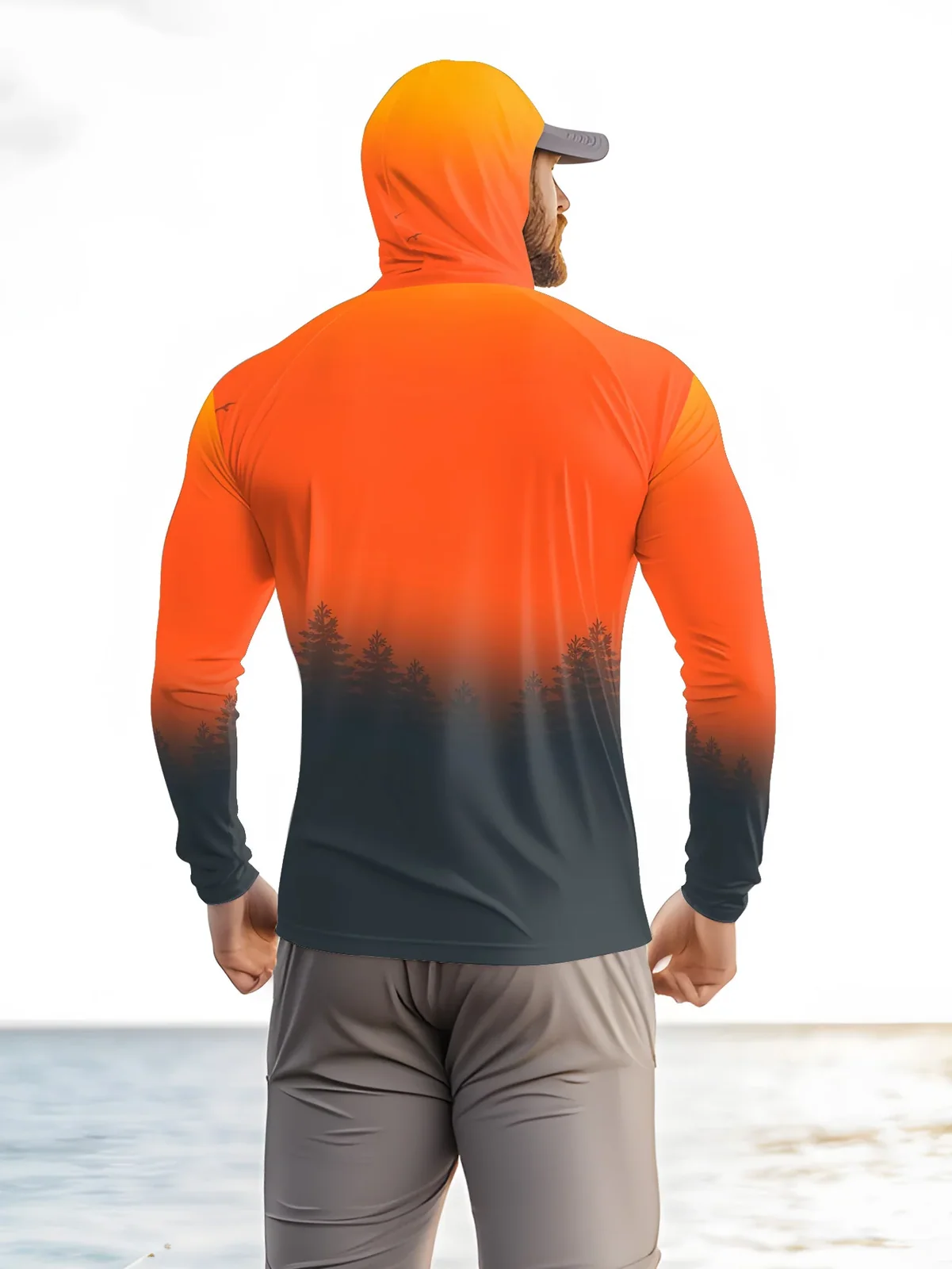 Men's Gradient Forest Printed Sunscreen Fishing Hoodie with Face Mask Quick Drying Long Sleeve Top Beach Rowing Outdoor Fishing