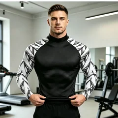 Geometric Print Spliced Mock Neck Long Sleeve Compression Shirt For Men, Stretchy Breathable Gym Workout Athletic Tee