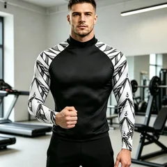 Geometric Print Spliced Mock Neck Long Sleeve Compression Shirt For Men, Stretchy Breathable Gym Workout Athletic Tee