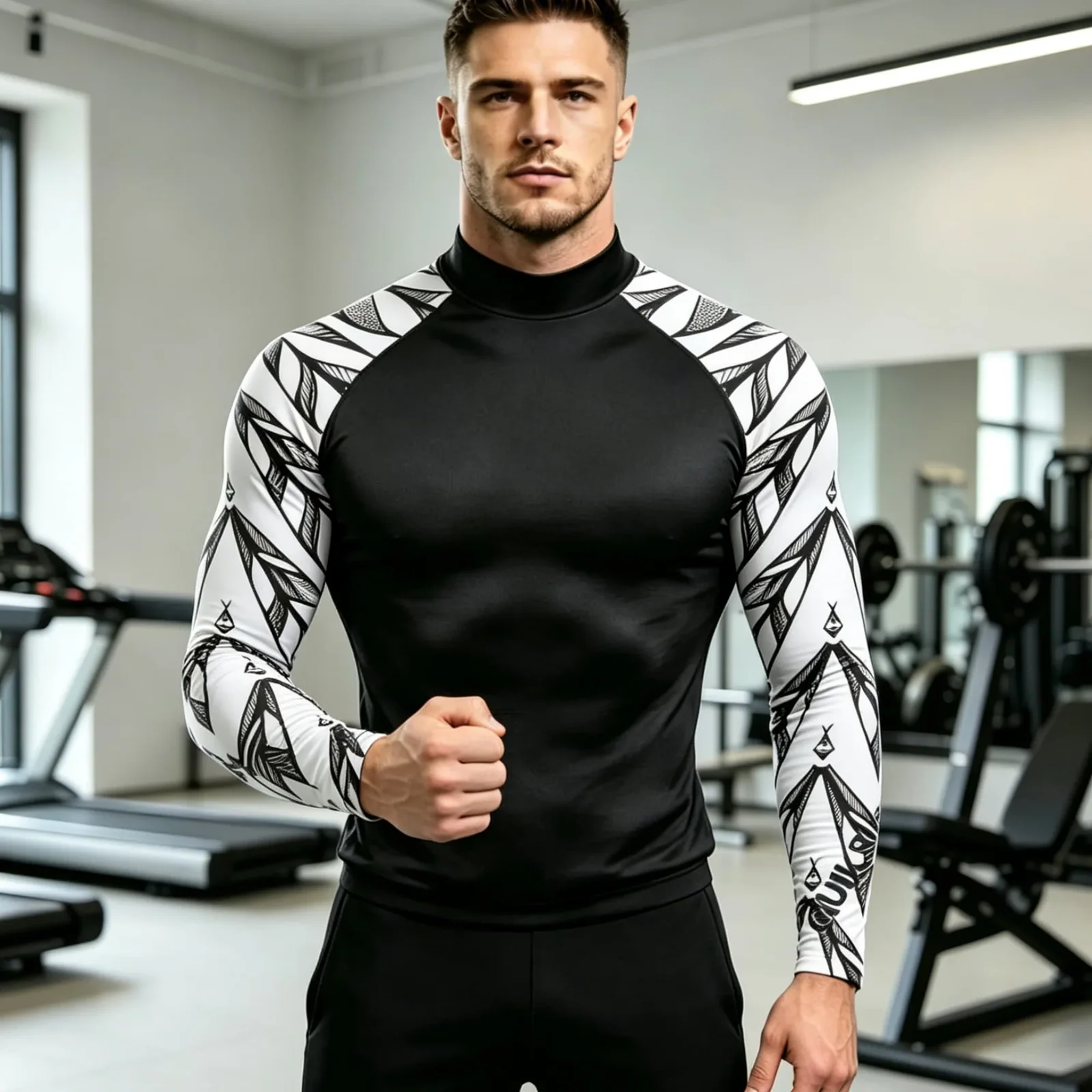 Geometric Print Spliced Mock Neck Long Sleeve Compression Shirt For Men, Stretchy Breathable Gym Workout Athletic Tee