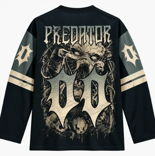 Predator Movie Long Sleeve Hockey Jersey Men Women Oversized Streetwear V-neck Retro Horror Sci-fi Graphic Jersey