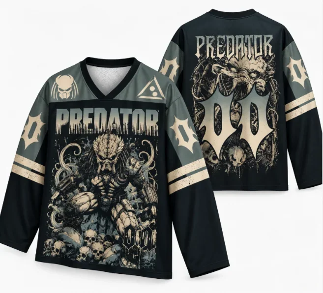 Predator Movie Long Sleeve Hockey Jersey Men Women Oversized Streetwear V-neck Retro Horror Sci-fi Graphic Jersey