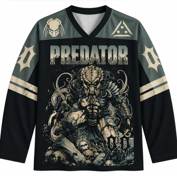 Predator Movie Long Sleeve Hockey Jersey Men Women Oversized Streetwear V-neck Retro Horror Sci-fi Graphic Jersey