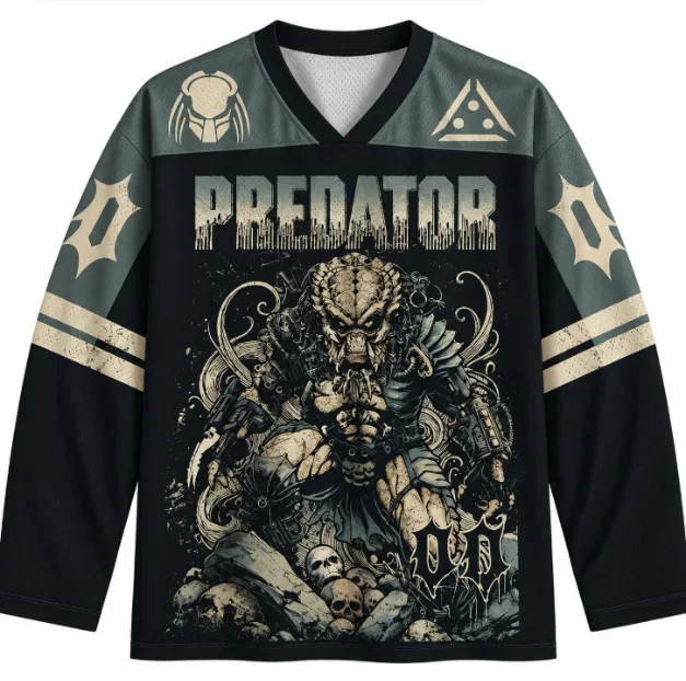 Predator Movie Long Sleeve Hockey Jersey Men Women Oversized Streetwear V-neck Retro Horror Sci-fi Graphic Jersey