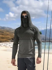 Men Summer UPF50+ Fishing Hoodie With Face Mask Grey Honeycomb Print Quick Dry Breathable Long Sleeve Fishing Shirt