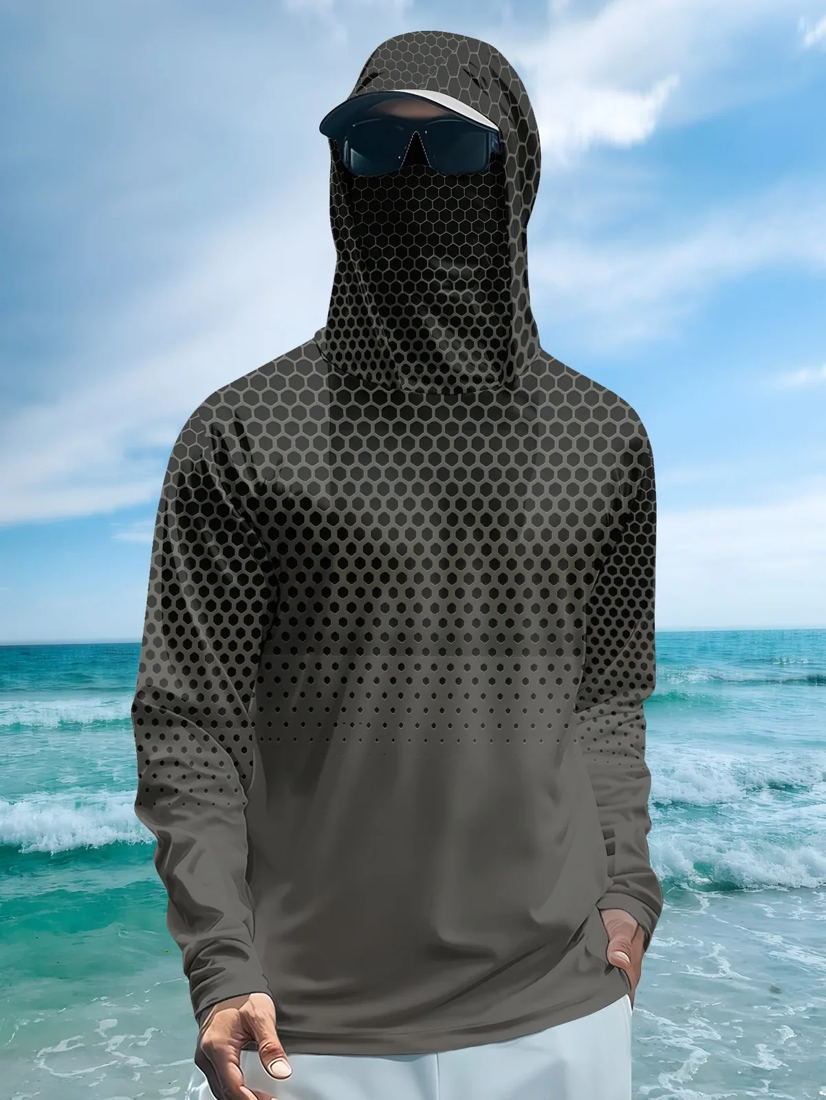Men Summer UPF50+ Fishing Hoodie With Face Mask Grey Honeycomb Print Quick Dry Breathable Long Sleeve Fishing Shirt