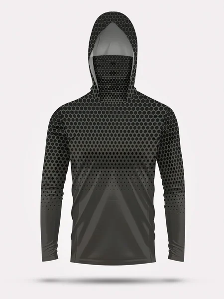 Men Summer UPF50+ Fishing Hoodie With Face Mask Grey Honeycomb Print Quick Dry Breathable Long Sleeve Fishing Shirt