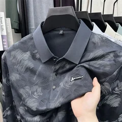 Mens Abstract Leaf Pattern Long Sleeve Polo Shirt Turn Down Collar Front Breathable Smooth Fabric Daily Casual Tops For Men