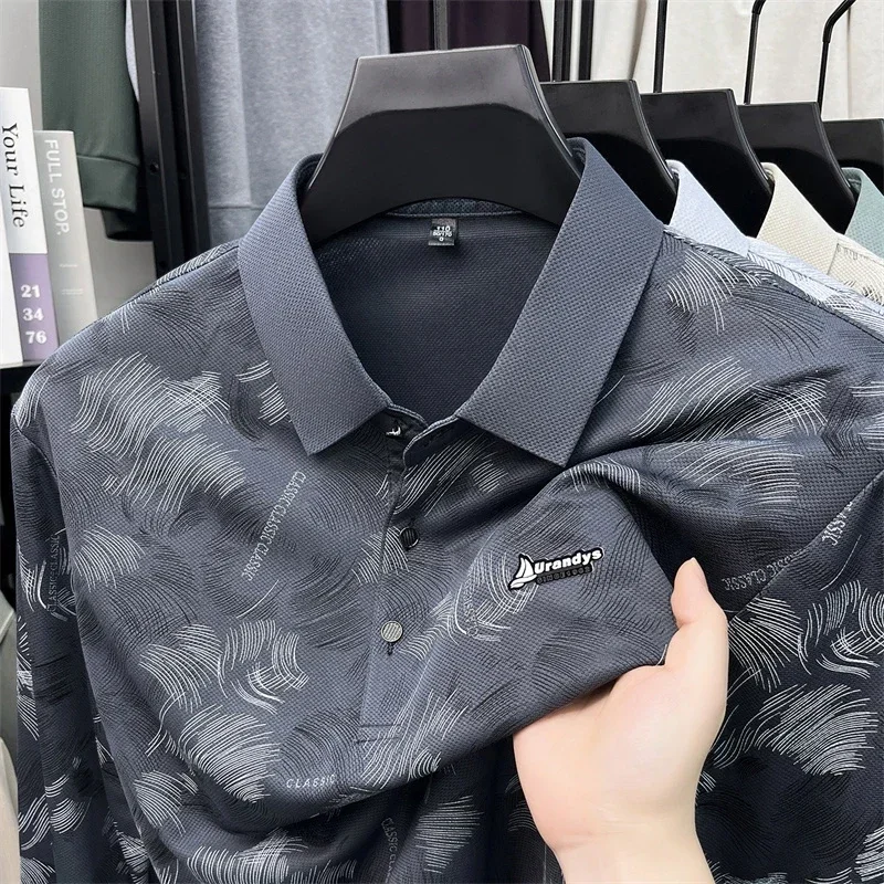 Mens Abstract Leaf Pattern Long Sleeve Polo Shirt Turn Down Collar Front Breathable Smooth Fabric Daily Casual Tops For Men