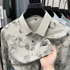 Mens Abstract Leaf Pattern Long Sleeve Polo Shirt Turn Down Collar Front Breathable Smooth Fabric Daily Casual Tops For Men