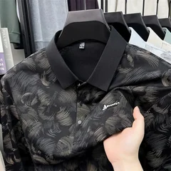 Mens Abstract Leaf Pattern Long Sleeve Polo Shirt Turn Down Collar Front Breathable Smooth Fabric Daily Casual Tops For Men