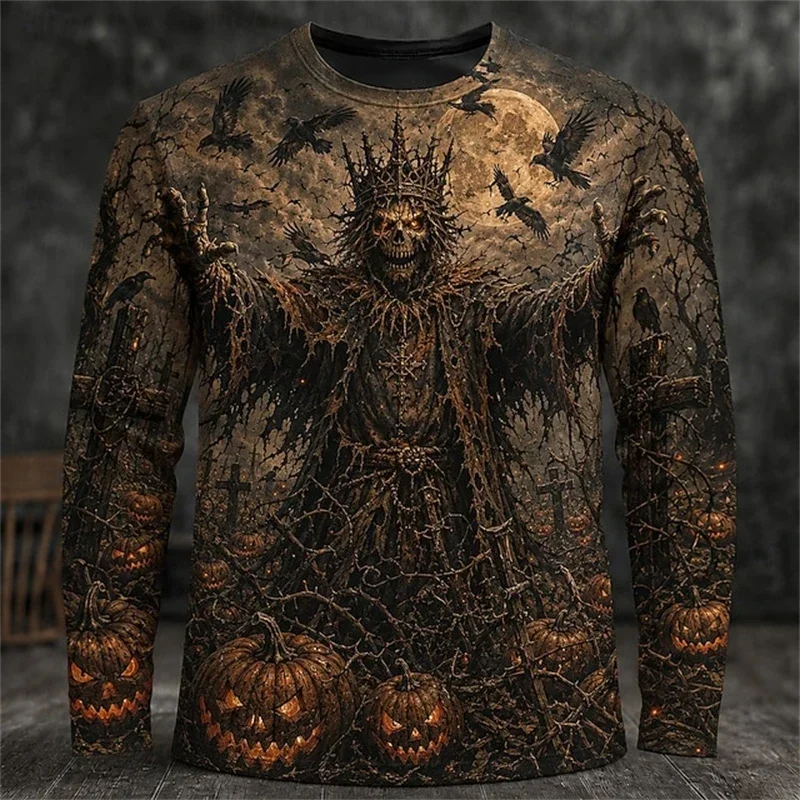 2026 New Men's Halloween-Themed Round-Neck Long-Sleeve T-Shirt with Spooky Wizard Skull Print Men's Holiday Party Top