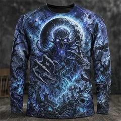 2026 New Men's Halloween-Themed Round-Neck Long-Sleeve T-Shirt with Spooky Wizard Skull Print Men's Holiday Party Top