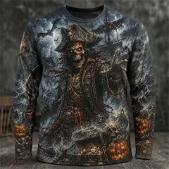 2026 New Men's Halloween-Themed Round-Neck Long-Sleeve T-Shirt with Spooky Wizard Skull Print Men's Holiday Party Top