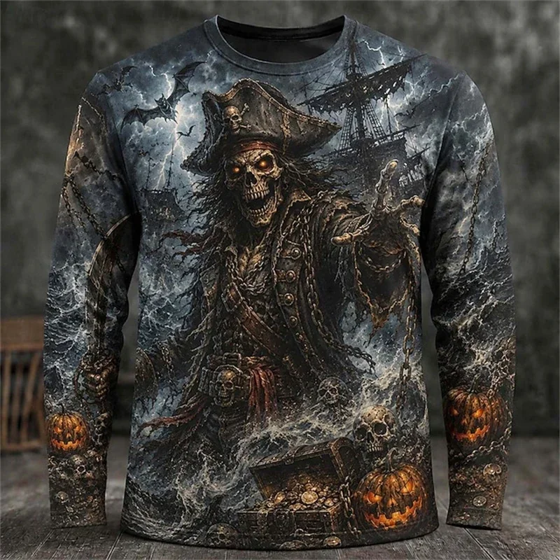 2026 New Men's Halloween-Themed Round-Neck Long-Sleeve T-Shirt with Spooky Wizard Skull Print Men's Holiday Party Top