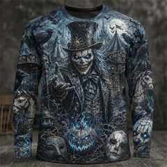 2026 New Men's Halloween-Themed Round-Neck Long-Sleeve T-Shirt with Spooky Wizard Skull Print Men's Holiday Party Top