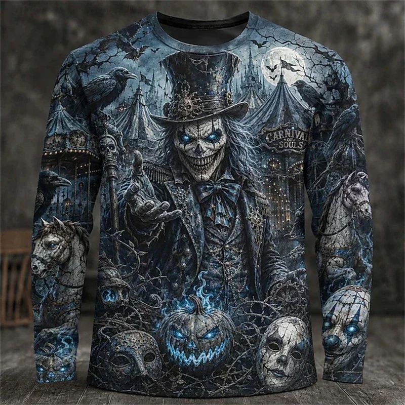 2026 New Men's Halloween-Themed Round-Neck Long-Sleeve T-Shirt with Spooky Wizard Skull Print Men's Holiday Party Top