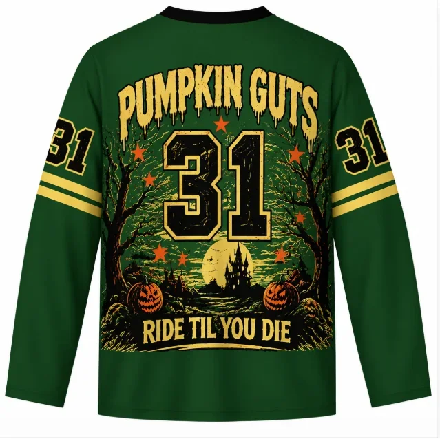 Pumpkin Guts Halloween V-Neck Long Sleeve Jersey Men Vintage Pumpkin Monster Graphic Shirt Green Streetwear Tops
