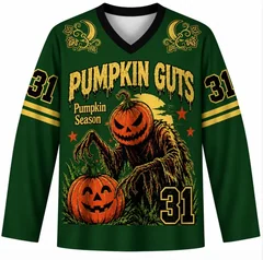 Pumpkin Guts Halloween V-Neck Long Sleeve Jersey Men Vintage Pumpkin Monster Graphic Shirt Green Streetwear Tops