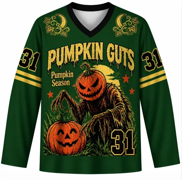 Pumpkin Guts Halloween V-Neck Long Sleeve Jersey Men Vintage Pumpkin Monster Graphic Shirt Green Streetwear Tops