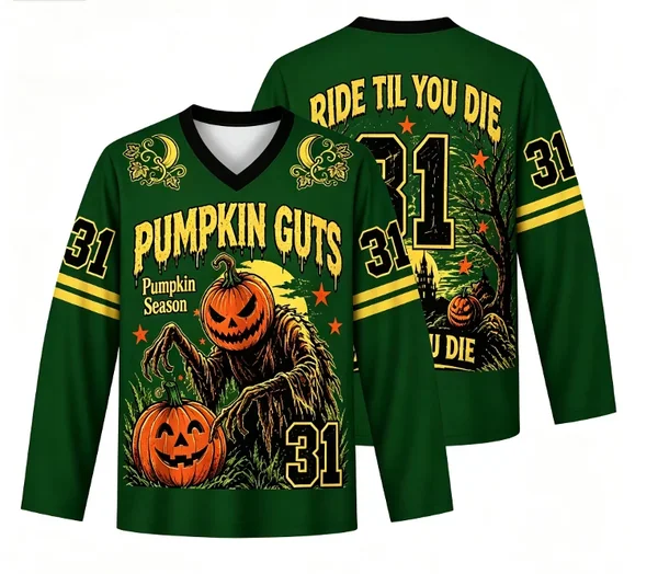 Pumpkin Guts Halloween V-Neck Long Sleeve Jersey Men Vintage Pumpkin Monster Graphic Shirt Green Streetwear Tops