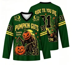 Pumpkin Guts Halloween V-Neck Long Sleeve Jersey Men Vintage Pumpkin Monster Graphic Shirt Green Streetwear Tops