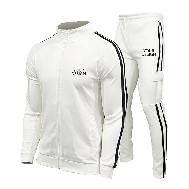 Custom Logo Men's 2 Piece Casual Tracksuit Spring Autumn Zipper Long Sleeve Jacket & Elastic Waist Pants Set